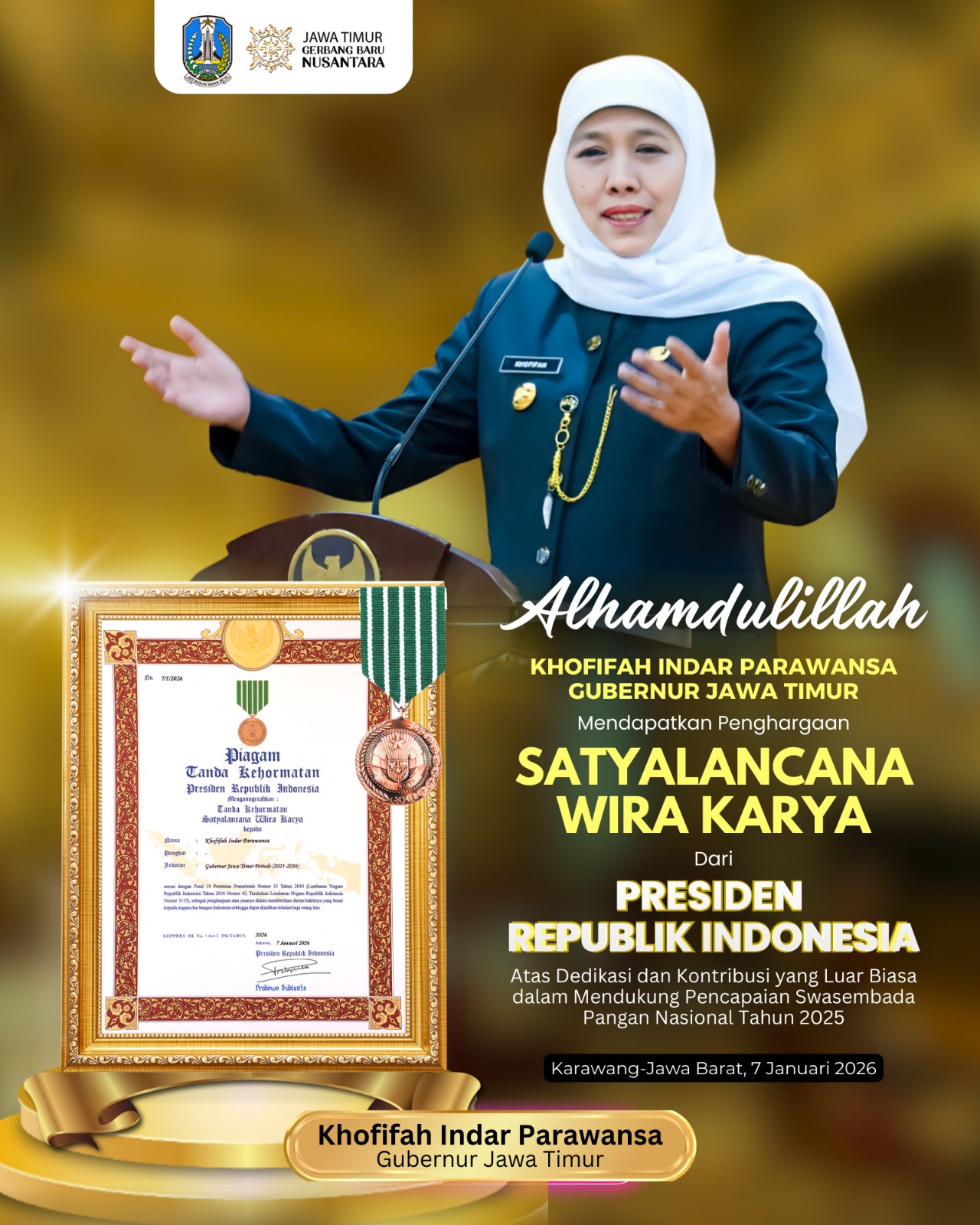 Gubernur Khofifah Terima Tanda Kehormatan Satyalancana Wira Karya dari Presiden Prabowo, Bukti Dedikasi Luar Biasa Wujudkan Swasembada Pangan Nasional Tahun 2025